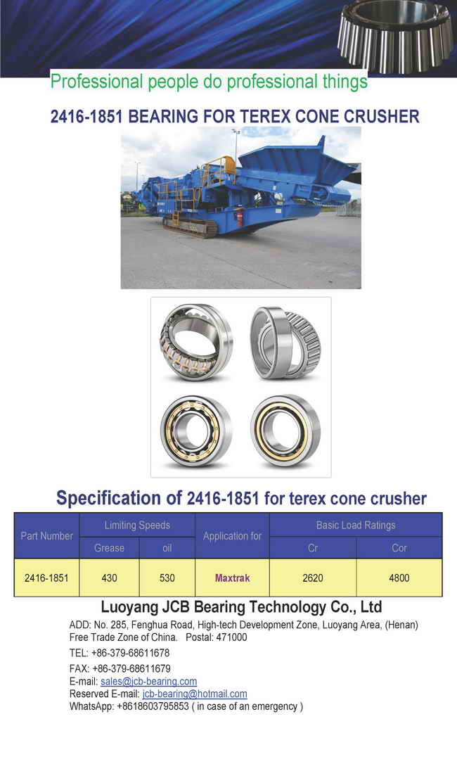 Specification of bearing 2416-1851 for Terex Pegson and Terex Finlay Cone Crusher